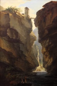 Brug en kloven van de Dala-rivier in Leukerbad, uitzicht richting de vallei door Caspar Wolf